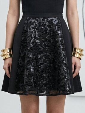 LUCY & CO Black Mesh Skater Skirt Small Floral Overlay Mixed Media Edgy NWT